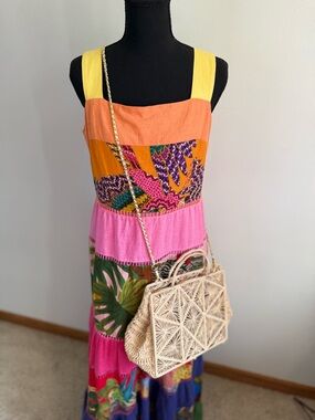 FARM Rio Patchwork Tropical Midi Dress Colorblock Tiered Sundress Size M